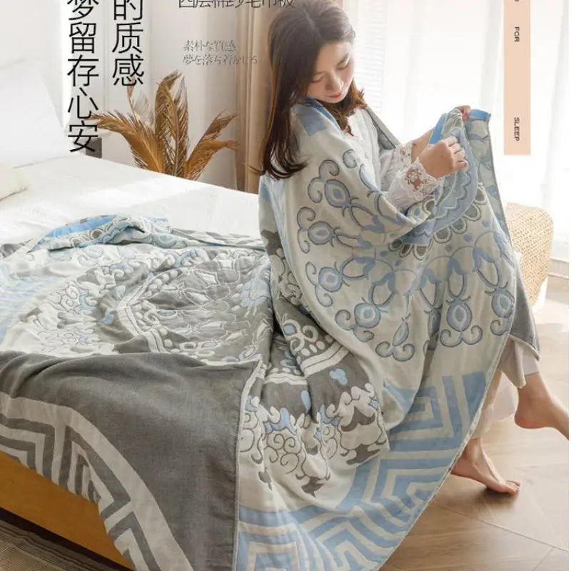 1Pc Cotton Four Layer Gauze Summer Cool Thin Blanket, Soft Breathable Air-Conditioned Blanket, Single Double Bed Nap Blanket