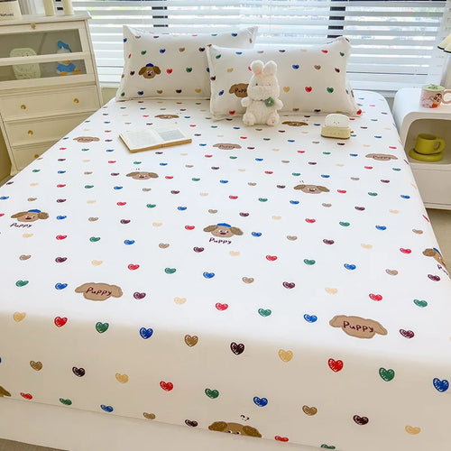 1pc White Bottom Heart Love Patterned Fitted Sheet,Matte Bedsheet, Bedroom Printed Bedspread, Bedding (Excluding Pillowcase)