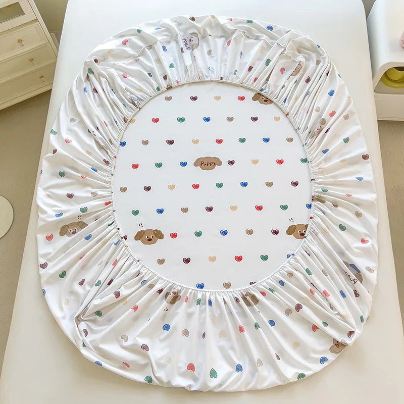 1pc White Bottom Heart Love Patterned Fitted Sheet,Matte Bedsheet, Bedroom Printed Bedspread, Bedding (Excluding Pillowcase)