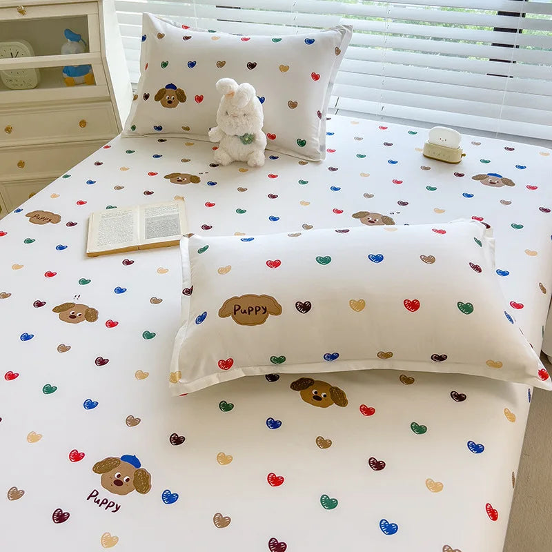 1pc White Bottom Heart Love Patterned Fitted Sheet,Matte Bedsheet, Bedroom Printed Bedspread, Bedding (Excluding Pillowcase)