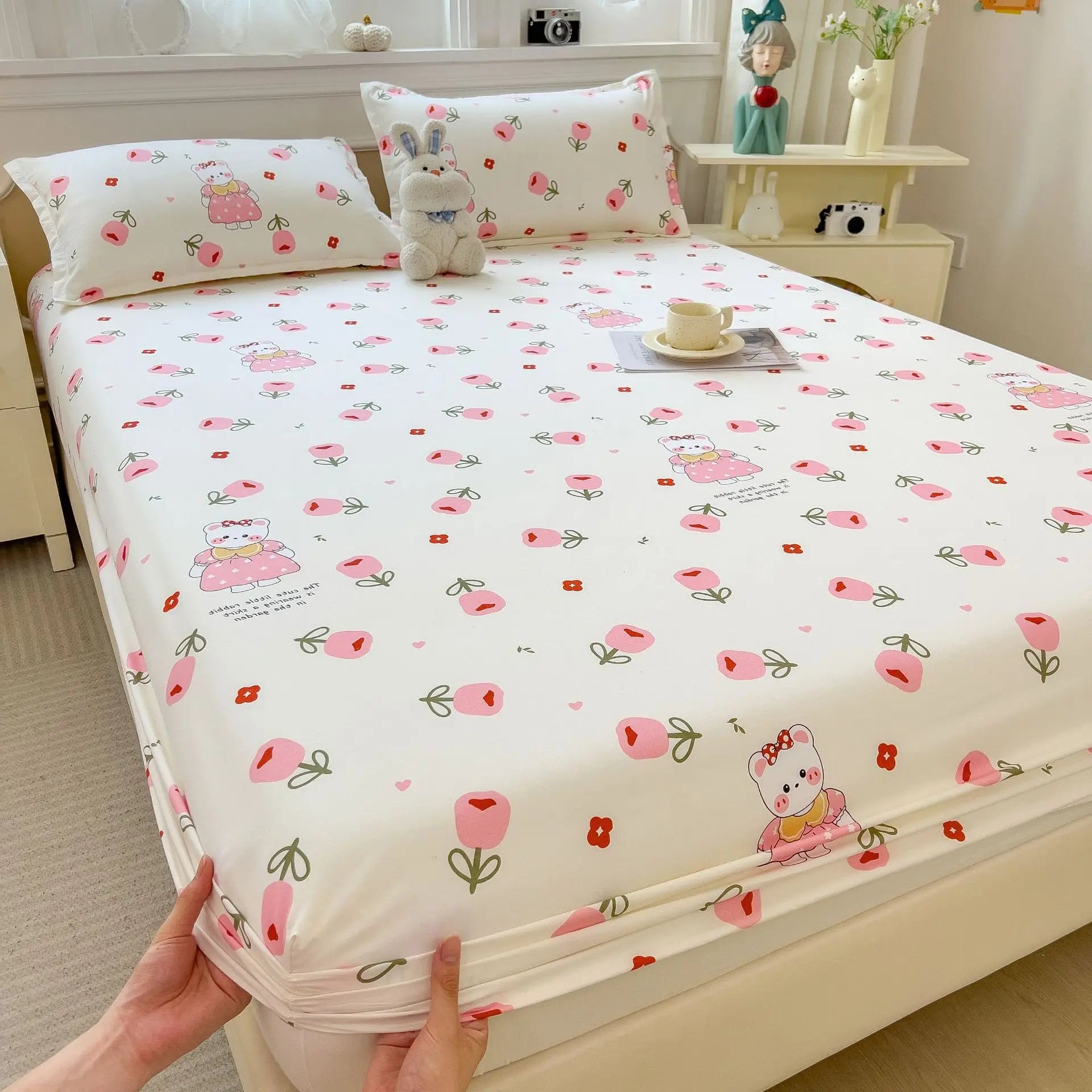 1pc White Bottom Heart Love Patterned Fitted Sheet,Matte Bedsheet, Bedroom Printed Bedspread, Bedding (Excluding Pillowcase)
