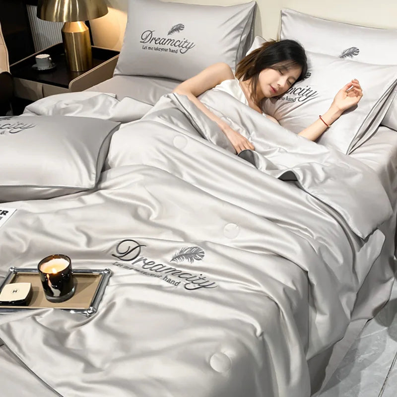 3Pcs Summer Quilt Set with Pillowcases, Ice Silk Embroidered Summer Thin Quilt, Air Conditioner Quilt, Machine Washable