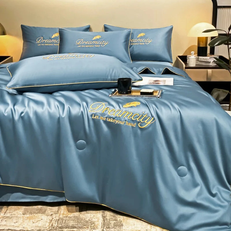 3Pcs Summer Quilt Set with Pillowcases, Ice Silk Embroidered Summer Thin Quilt, Air Conditioner Quilt, Machine Washable