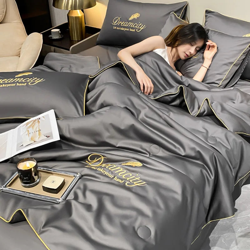 3Pcs Summer Quilt Set with Pillowcases, Ice Silk Embroidered Summer Thin Quilt, Air Conditioner Quilt, Machine Washable