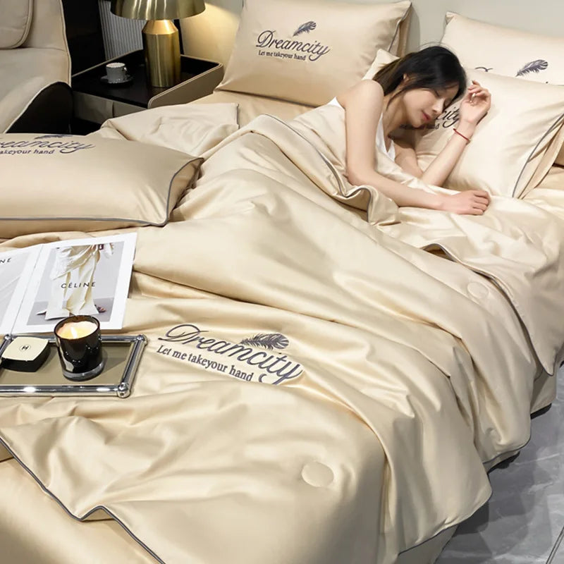 3Pcs Summer Quilt Set with Pillowcases, Ice Silk Embroidered Summer Thin Quilt, Air Conditioner Quilt, Machine Washable