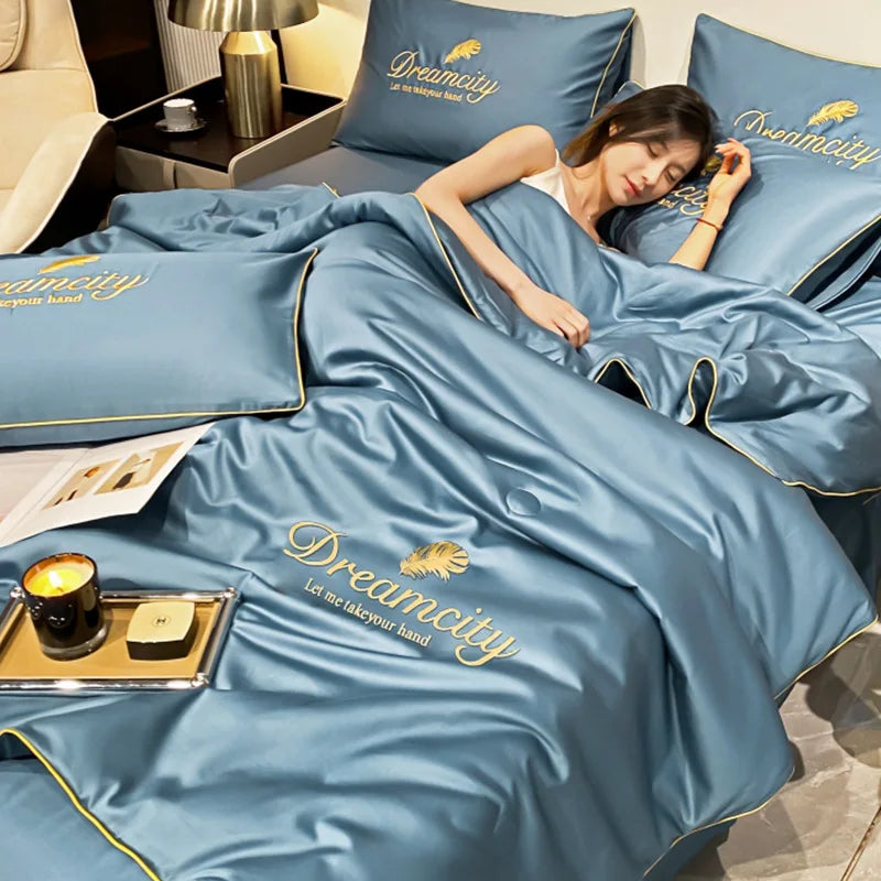 3Pcs Summer Quilt Set with Pillowcases, Ice Silk Embroidered Summer Thin Quilt, Air Conditioner Quilt, Machine Washable