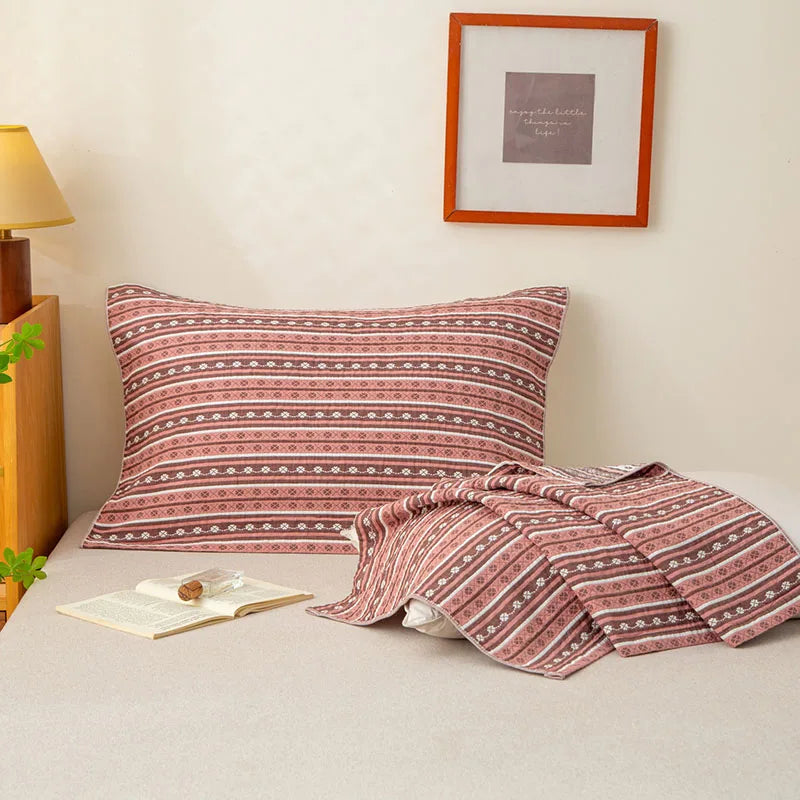 A-Class Pure Cotton 3-Layer Gauze Pillow Towel Anti-Oil Striped Printed Pillow Cover for All Seasons Durable Non Fading Bedding