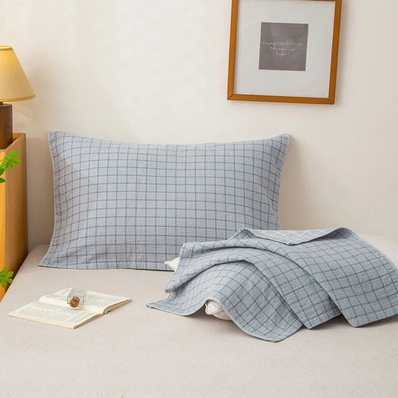 A-Class Pure Cotton 3-Layer Gauze Pillow Towel Anti-Oil Striped Printed Pillow Cover for All Seasons Durable Non Fading Bedding