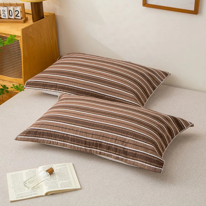 A-Class Pure Cotton 3-Layer Gauze Pillow Towel Anti-Oil Striped Printed Pillow Cover for All Seasons Durable Non Fading Bedding