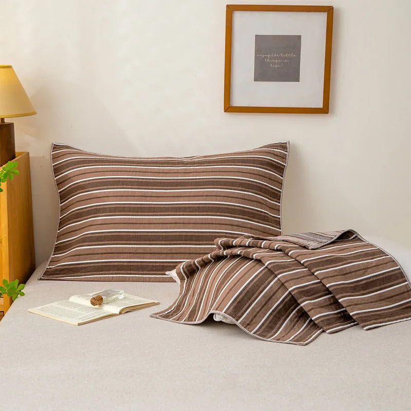A-Class Pure Cotton 3-Layer Gauze Pillow Towel Anti-Oil Striped Printed Pillow Cover for All Seasons Durable Non Fading Bedding