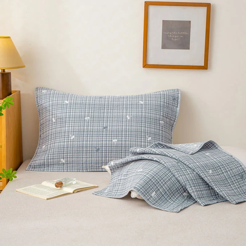 A-Class Pure Cotton 3-Layer Gauze Pillow Towel Anti-Oil Striped Printed Pillow Cover for All Seasons Durable Non Fading Bedding