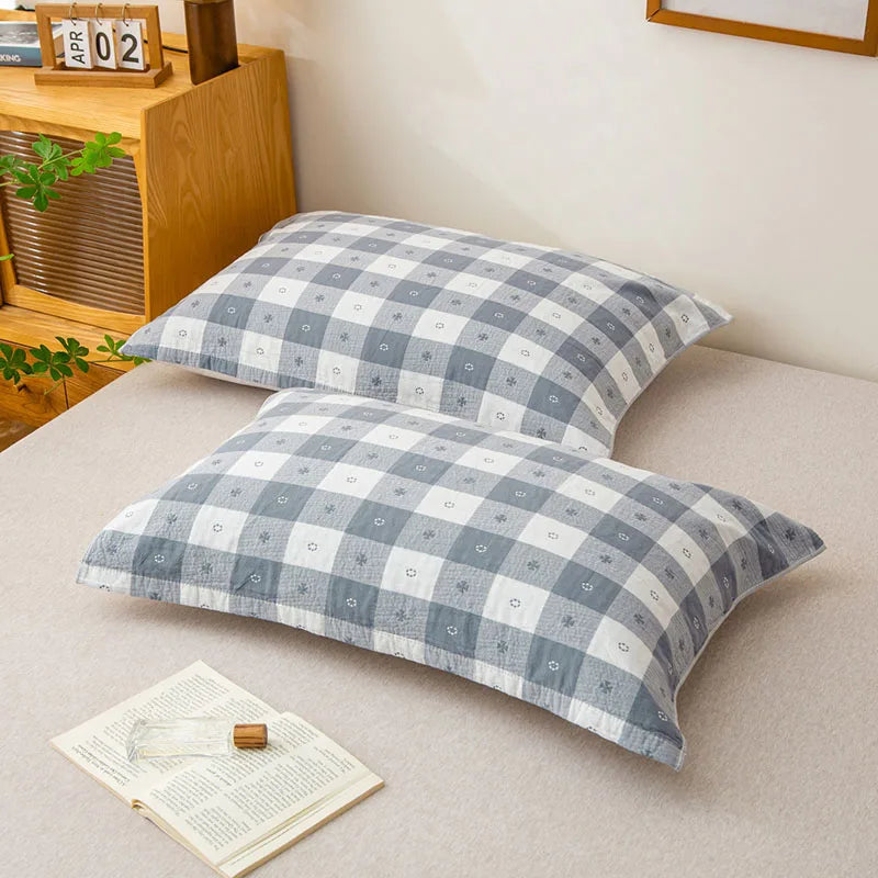 A-Class Pure Cotton 3-Layer Gauze Pillow Towel Anti-Oil Striped Printed Pillow Cover for All Seasons Durable Non Fading Bedding
