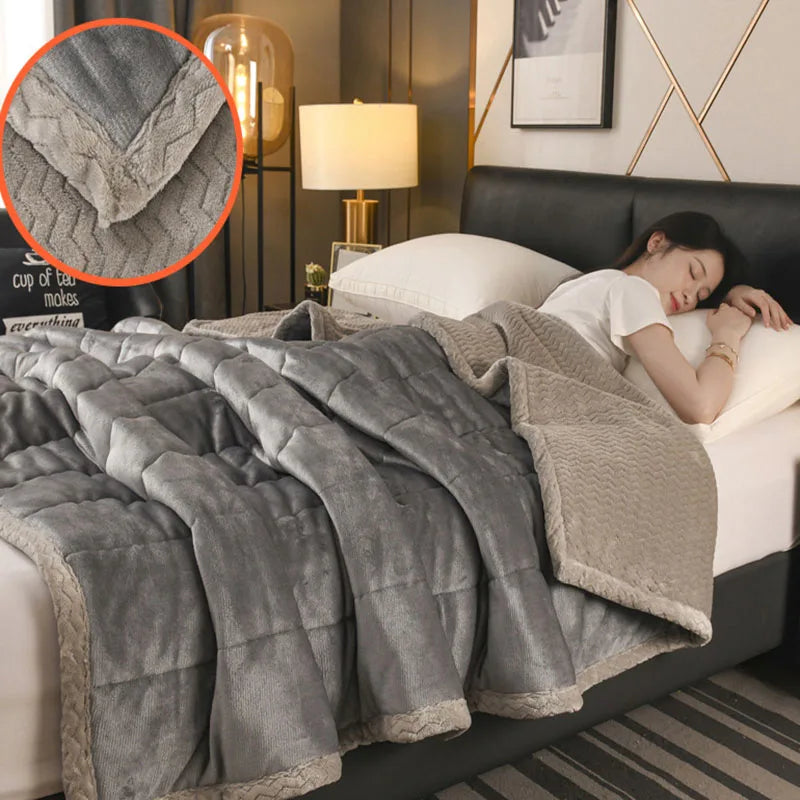 Autumn and Winter Coral Velvet Quilted Blanket Thickened Keep Warm Office Nap Blanket Solid Color Versatile Quilt for Single