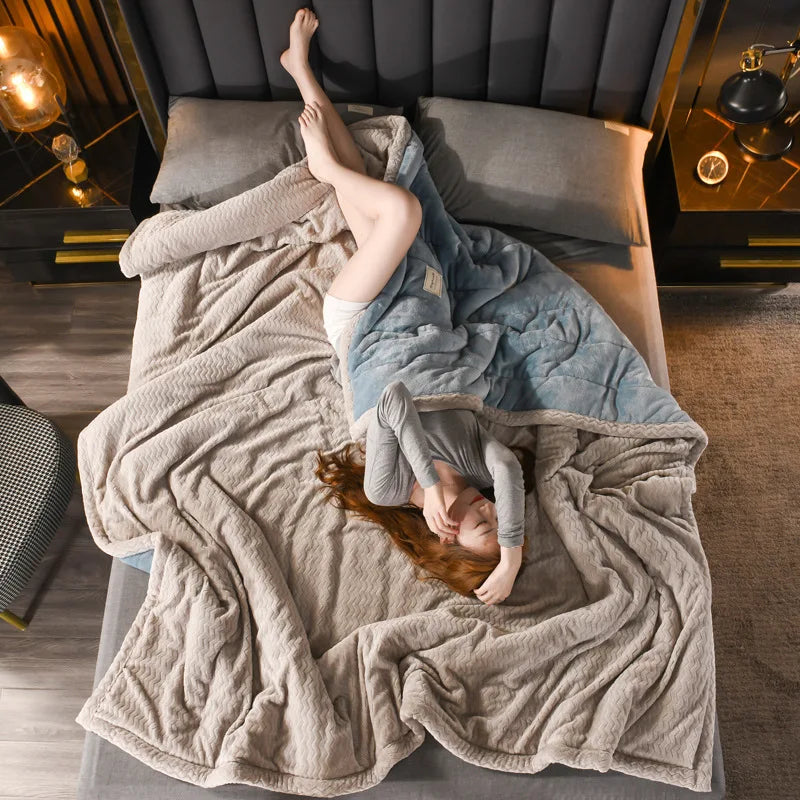 Autumn and Winter Coral Velvet Quilted Blanket Thickened Keep Warm Office Nap Blanket Solid Color Versatile Quilt for Single