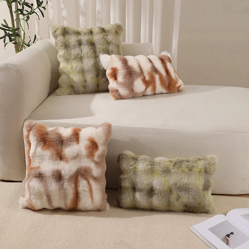 Bubble Velvet Faux Rabbit Fur Sofa Pillow Tie Dye Plush Living Room Balcony Body Pillow Cozy Napping Pillow for Autumn Winter