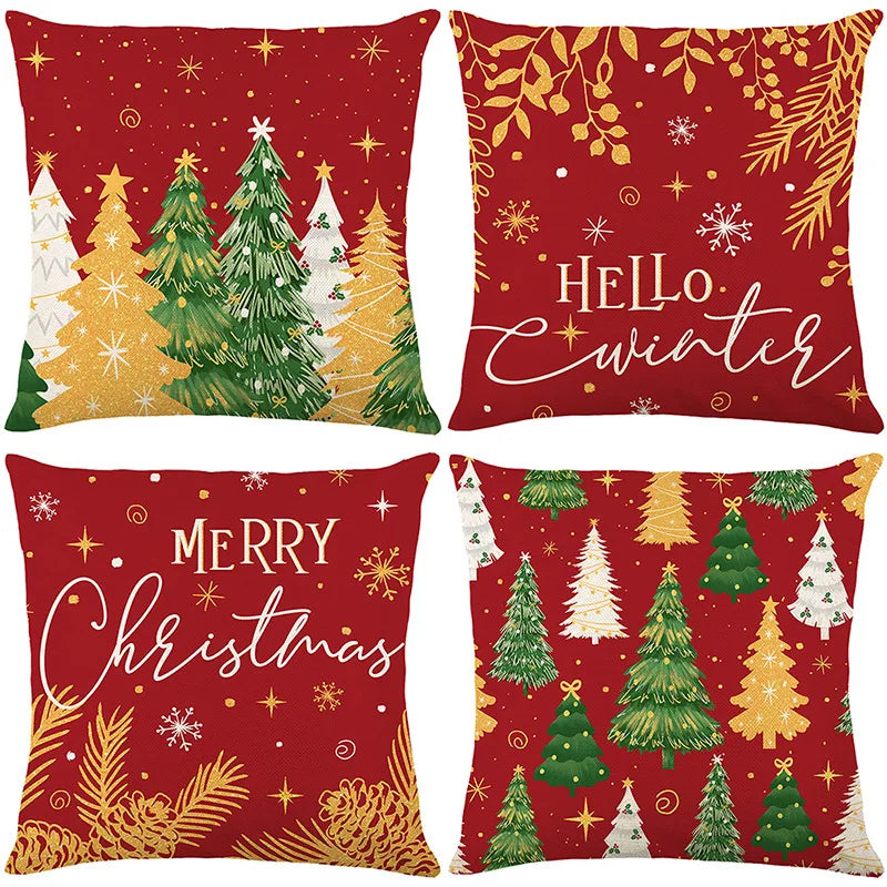 Christmas Printed Pillow Cover Without Core 4 Pcs Polyester Bedside Pillowcases for Holiday Comfortable Home Textile Accessories