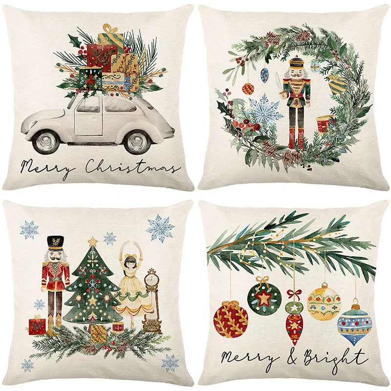 Christmas Printed Pillow Cover Without Core 4 Pcs Polyester Bedside Pillowcases for Holiday Comfortable Home Textile Accessories