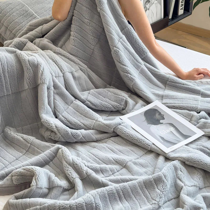 Double Sided Velvet Striped Quilted Blanket Soft Coral Velvet Sofa Cover for Office Home Napping Quilt for Summer and Autumn