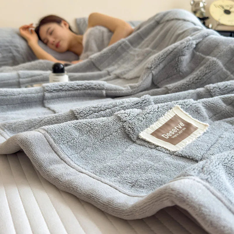 Double Sided Velvet Striped Quilted Blanket Soft Coral Velvet Sofa Cover for Office Home Napping Quilt for Summer and Autumn