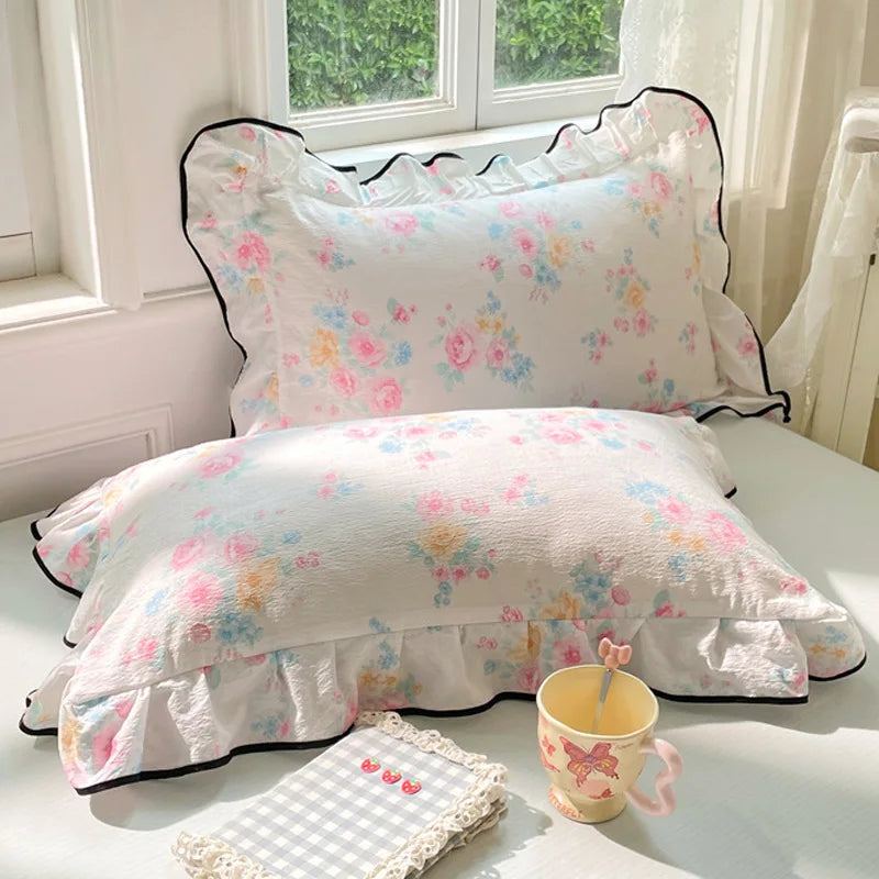 Korean Double-Layer Yarn Lace Pillowcase 48X74Cm 2 Pcs Elegant Flower Printed Pillow Cover Skin-Friendly Breathable Pillow Case
