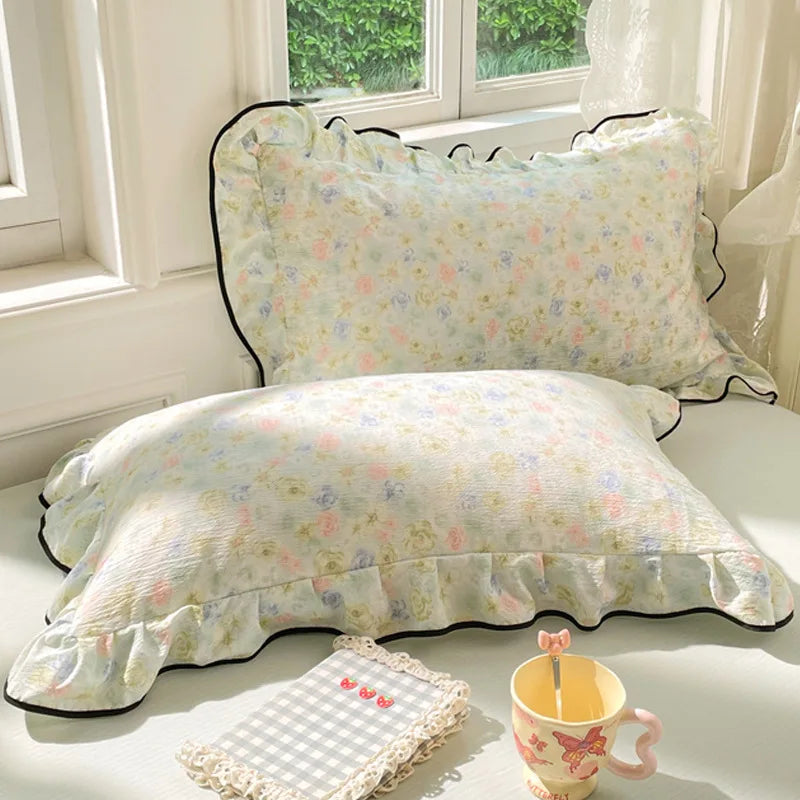 Korean Double-Layer Yarn Lace Pillowcase 48X74Cm 2 Pcs Elegant Flower Printed Pillow Cover Skin-Friendly Breathable Pillow Case