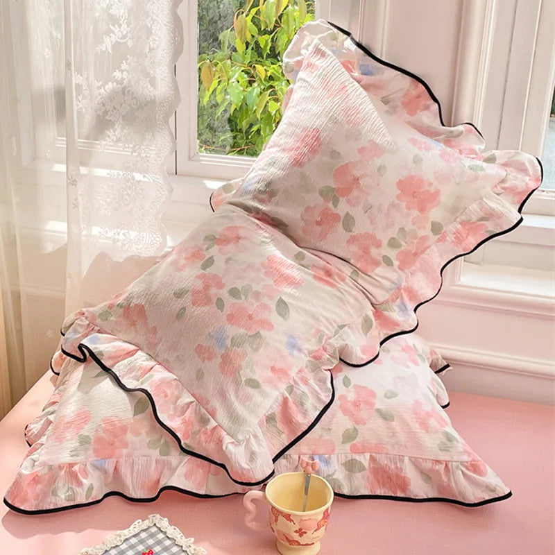 Korean Double-Layer Yarn Lace Pillowcase 48X74Cm 2 Pcs Elegant Flower Printed Pillow Cover Skin-Friendly Breathable Pillow Case