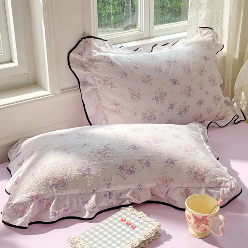 Korean Double-Layer Yarn Lace Pillowcase 48X74Cm 2 Pcs Elegant Flower Printed Pillow Cover Skin-Friendly Breathable Pillow Case