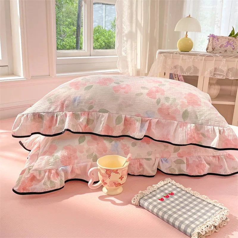 Korean Double-Layer Yarn Lace Pillowcase 48X74Cm 2 Pcs Elegant Flower Printed Pillow Cover Skin-Friendly Breathable Pillow Case