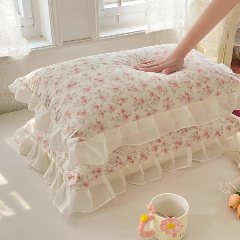 Korean Lace Floral Print Pillowcase Princess Skin-Friendly Knitted Cotton Pillow Cover All-Season Soft Pillow Case for Single