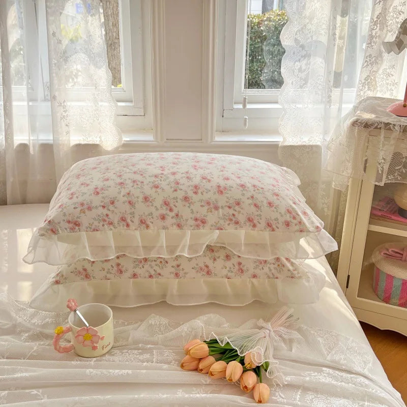 Korean Lace Floral Print Pillowcase Princess Skin-Friendly Knitted Cotton Pillow Cover All-Season Soft Pillow Case for Single