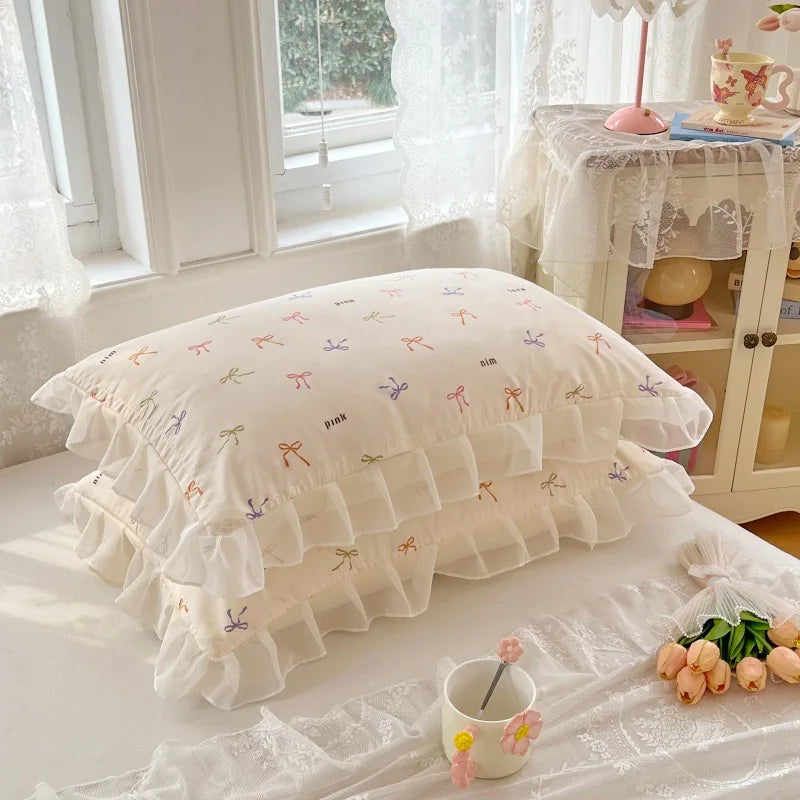 Korean Lace Floral Print Pillowcase Princess Skin-Friendly Knitted Cotton Pillow Cover All-Season Soft Pillow Case for Single