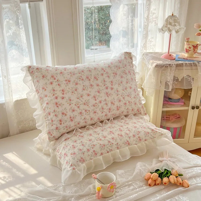 Korean Lace Floral Print Pillowcase Princess Skin-Friendly Knitted Cotton Pillow Cover All-Season Soft Pillow Case for Single