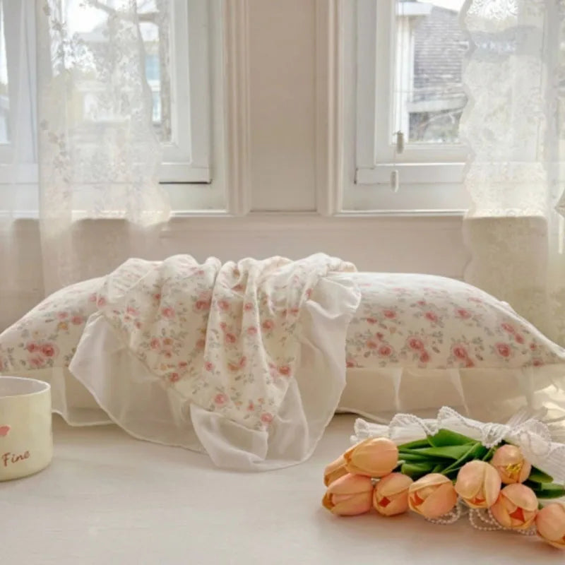 Korean Lace Floral Print Pillowcase Princess Skin-Friendly Knitted Cotton Pillow Cover All-Season Soft Pillow Case for Single