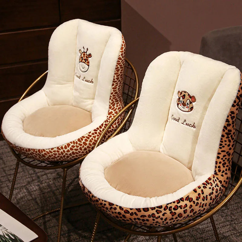 Leopard Print One-Piece Cushion with Backrest Velvet Seat Cushion for Office Bedroom Car Soft Sedentary Artifact for Hip Support