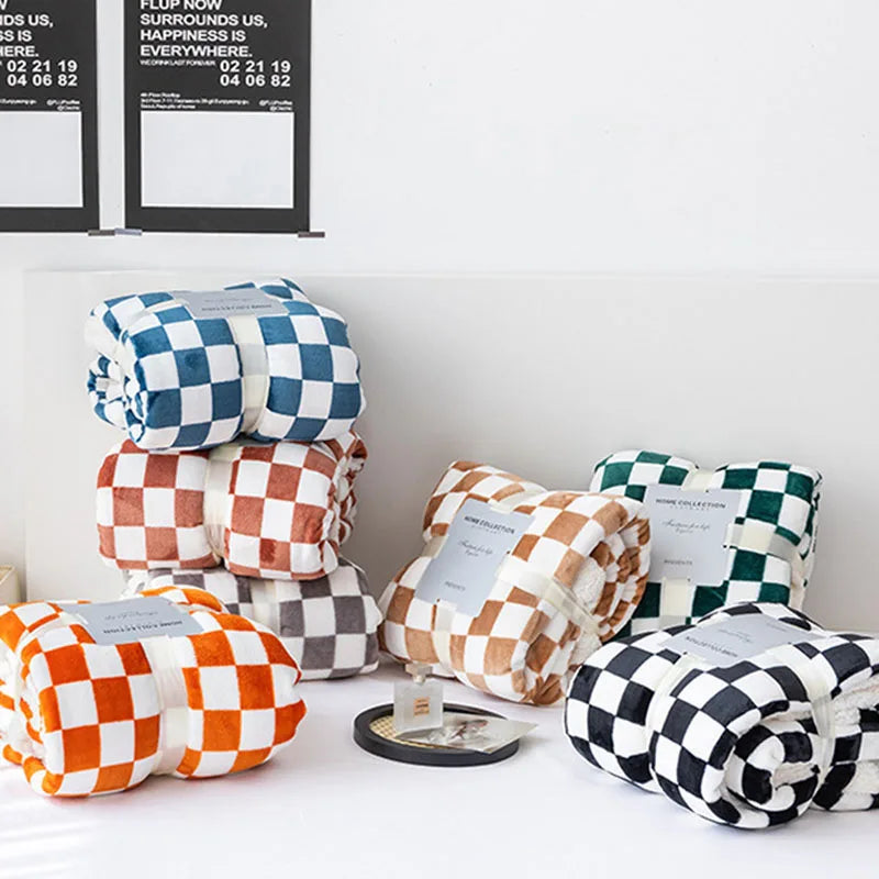 Nordic Checkerboard Flannel Plush Blanket Double Layered Thick and Warm Lamb Wool Sofa Cover Office Nap Air Conditioner Quilt