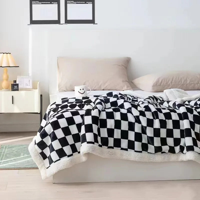 Nordic Checkerboard Flannel Plush Blanket Double Layered Thick and Warm Lamb Wool Sofa Cover Office Nap Air Conditioner Quilt