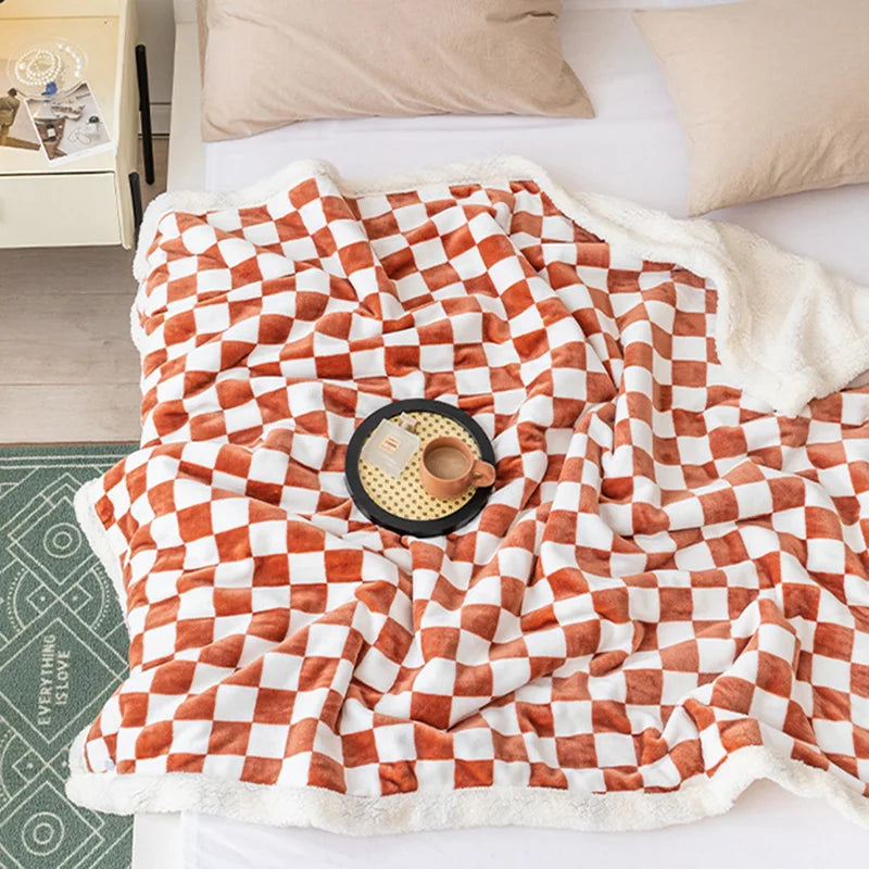 Nordic Checkerboard Flannel Plush Blanket Double Layered Thick and Warm Lamb Wool Sofa Cover Office Nap Air Conditioner Quilt
