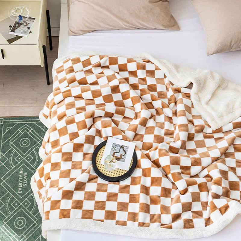 Nordic Checkerboard Flannel Plush Blanket Double Layered Thick and Warm Lamb Wool Sofa Cover Office Nap Air Conditioner Quilt