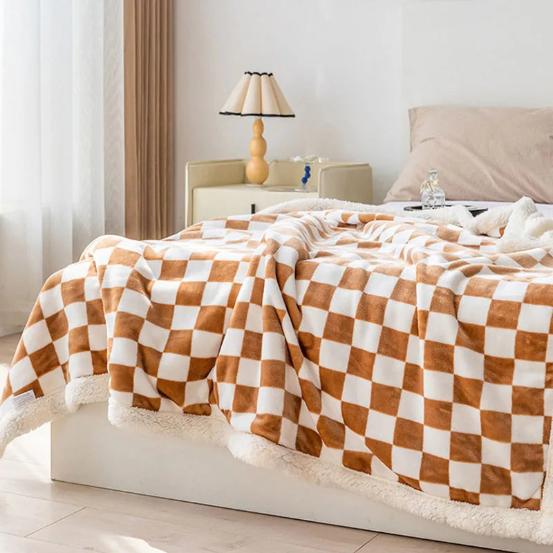 Nordic Checkerboard Flannel Plush Blanket Double Layered Thick and Warm Lamb Wool Sofa Cover Office Nap Air Conditioner Quilt