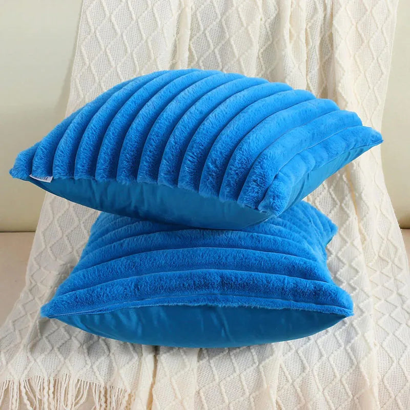 Plain Fuax Rabbit Hair Vertical Bar Pillowcase Nordic Soft Square Cushion Cover for Sofa Warm Pillow Cover for Autumn and Winter