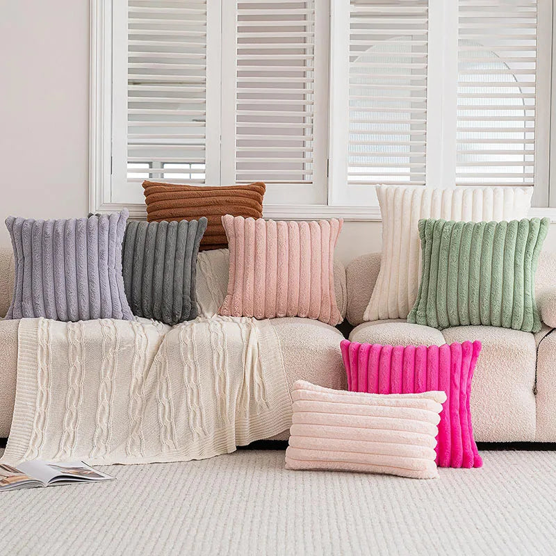 Plain Fuax Rabbit Hair Vertical Bar Pillowcase Nordic Soft Square Cushion Cover for Sofa Warm Pillow Cover for Autumn and Winter