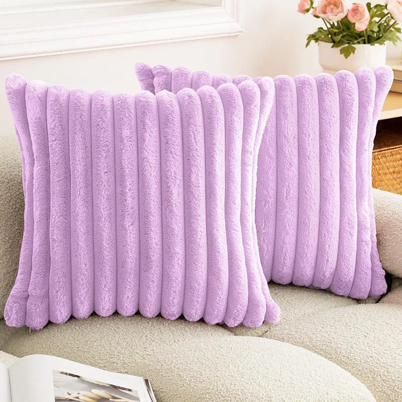 Plain Fuax Rabbit Hair Vertical Bar Pillowcase Nordic Soft Square Cushion Cover for Sofa Warm Pillow Cover for Autumn and Winter