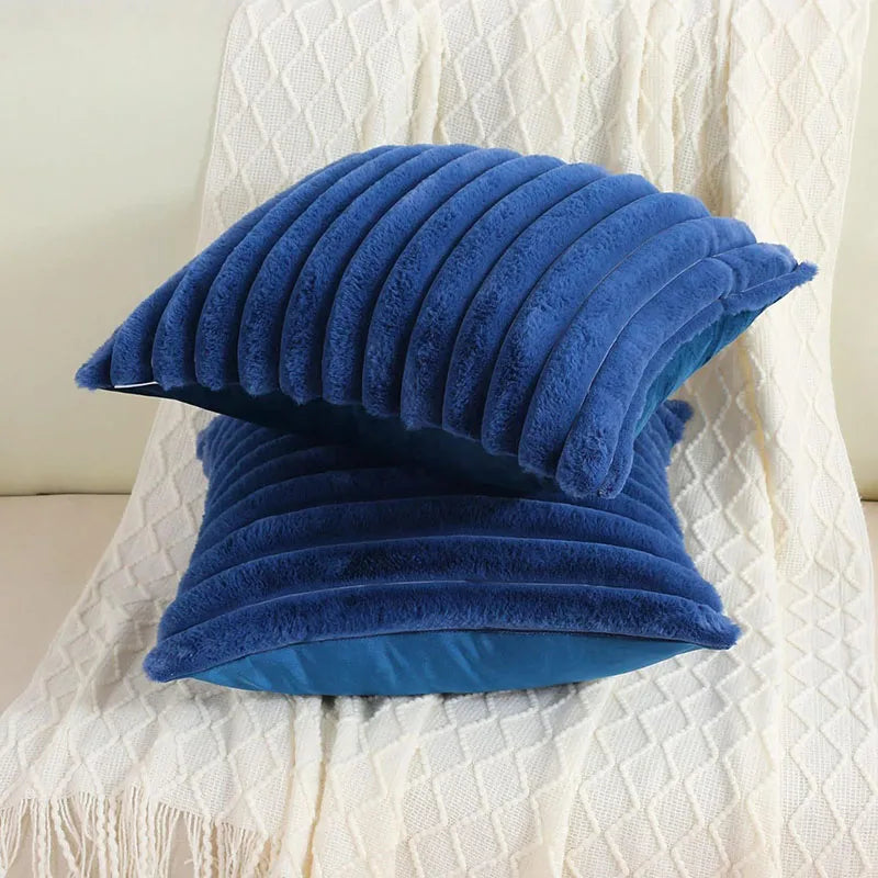 Plain Fuax Rabbit Hair Vertical Bar Pillowcase Nordic Soft Square Cushion Cover for Sofa Warm Pillow Cover for Autumn and Winter