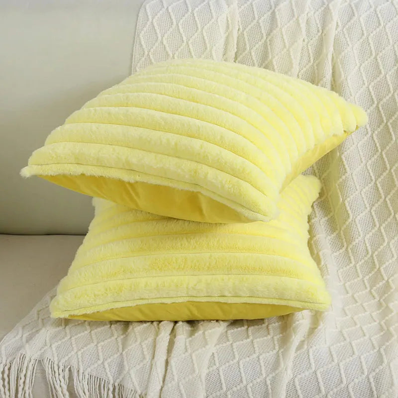 Plain Fuax Rabbit Hair Vertical Bar Pillowcase Nordic Soft Square Cushion Cover for Sofa Warm Pillow Cover for Autumn and Winter