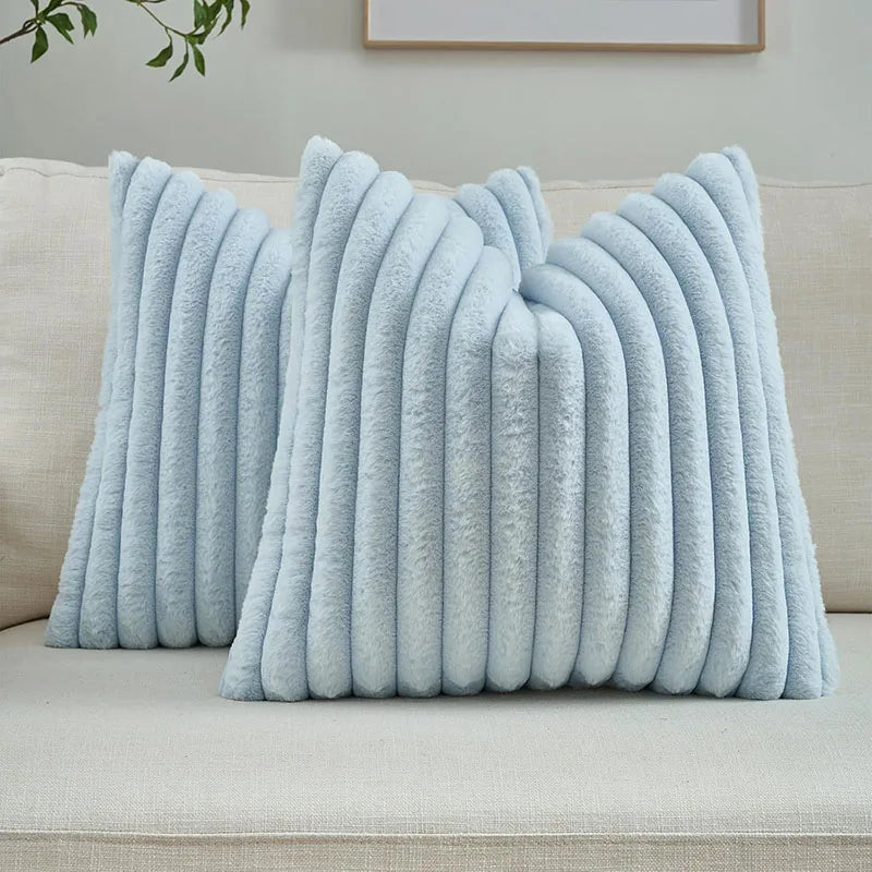 Plain Fuax Rabbit Hair Vertical Bar Pillowcase Nordic Soft Square Cushion Cover for Sofa Warm Pillow Cover for Autumn and Winter