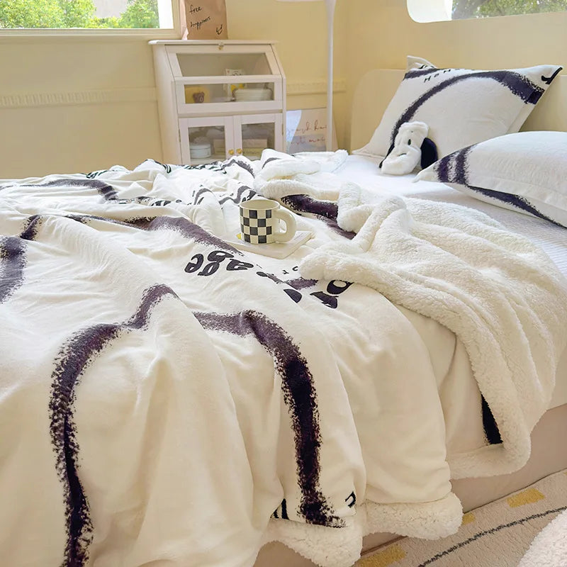 Winter Cartoon Printed Lamb Wool Blanket Thick and Warm Coral Fleece Blanket for Office Napping Fluffy Soft Plush Bedspread