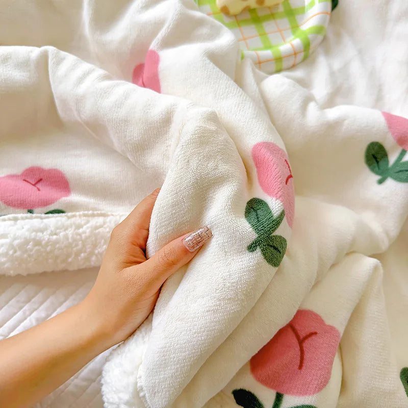 Winter Cartoon Printed Lamb Wool Blanket Thick and Warm Coral Fleece Blanket for Office Napping Fluffy Soft Plush Bedspread