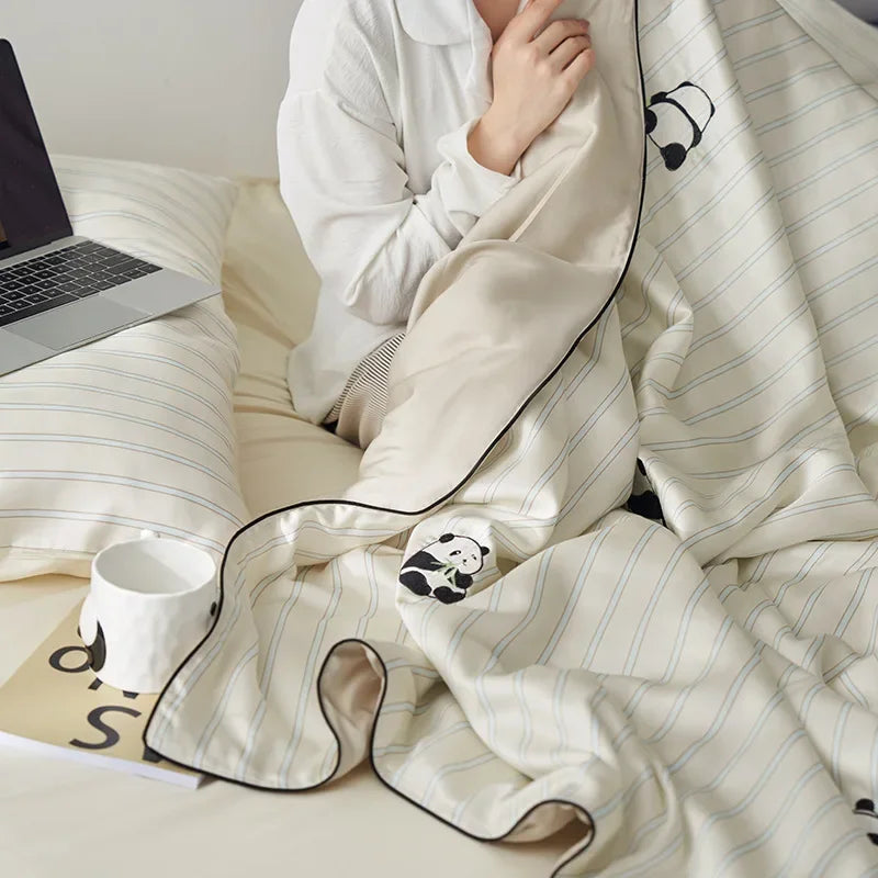 4Pcs Faux Silk Summer Quilt Set with Sheets Pillowcases, Air Conditioning Quilt, Machine Washable Lyocell Fiber Quilt