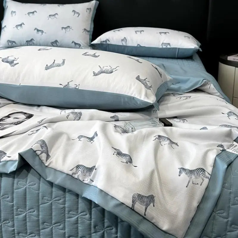 4Pcs Ice Soft Silk Summer Quilt Set with Sheets Pillowcases, Washable Summer Cool Air Conditioner Thin Blanket Quilt