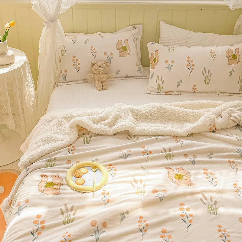 Spring and Autumn Milk Velvet Blanket  Lamb Cashmere Flannel Cartoon Blanket Bed Single Student Dormitory Coral Velvet Quilt